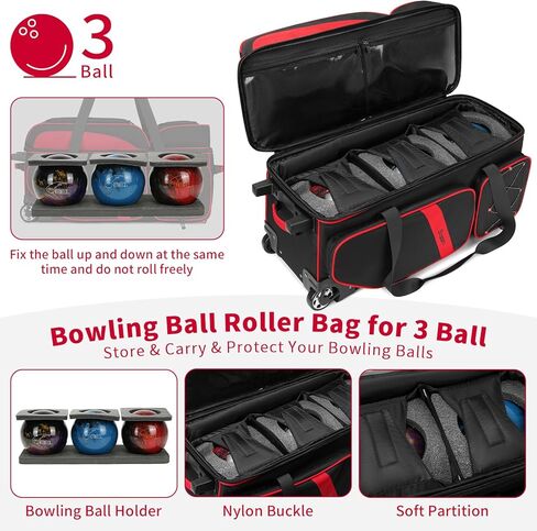 أكياس بولينج 3 كرات مع عجلات من بوستين، كوب كرة ثابت لاصق آمن وحجرة للأحذية، حقيبة كرة بولينج 3 كرات دوارة مع جيوب متعددة in Kuwait