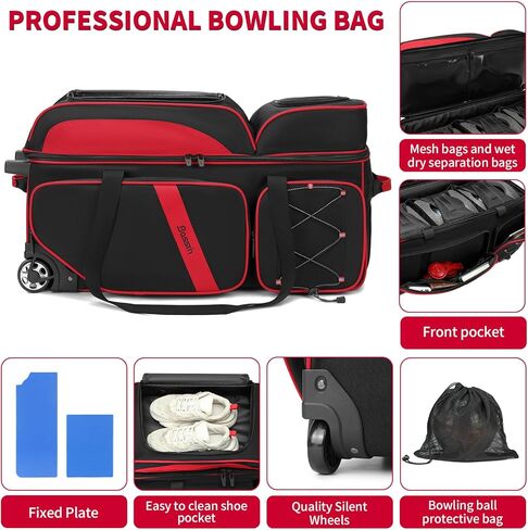 أكياس بولينج 3 كرات مع عجلات من بوستين، كوب كرة ثابت لاصق آمن وحجرة للأحذية، حقيبة كرة بولينج 3 كرات دوارة مع جيوب متعددة in Kuwait