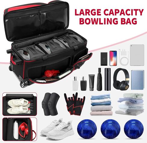 أكياس بولينج 3 كرات مع عجلات من بوستين، كوب كرة ثابت لاصق آمن وحجرة للأحذية، حقيبة كرة بولينج 3 كرات دوارة مع جيوب متعددة in Kuwait