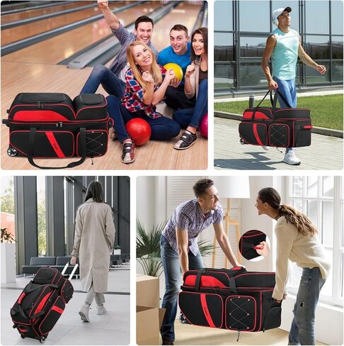 أكياس بولينج 3 كرات مع عجلات من بوستين، كوب كرة ثابت لاصق آمن وحجرة للأحذية، حقيبة كرة بولينج 3 كرات دوارة مع جيوب متعددة in Kuwait