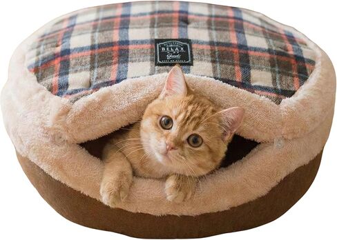 Cat Plaid Cave Bed, Plush Warm Calming Hideaway Nest with Detachable Lid & Mat, Snug Enclosed House for Indoor Kitten (Snow) in Kuwait