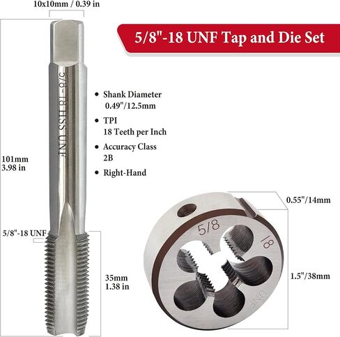 مجموعة الصنبور والقالب 5/8"-18 UNF، ماكينة خيط ممتدة باليد اليمنى HSS، أداة لولبة 5/8-18 للصلب والألومنيوم والمعادن المتعددة in Kuwait