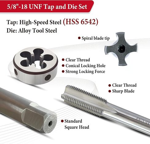 مجموعة الصنبور والقالب 5/8"-18 UNF، ماكينة خيط ممتدة باليد اليمنى HSS، أداة لولبة 5/8-18 للصلب والألومنيوم والمعادن المتعددة in Kuwait