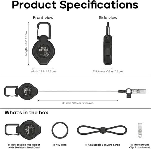 Retractable CB Mic Holder - Stainless Steel Cable Lanyard with Tactical Carabiner, Multi-Scenario Mount (Truck Cab/Keys/Belt) ，Heavy Duty Retractable Keychain Clip, ID Clip in Kuwait