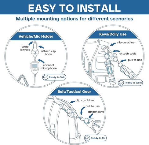 Retractable CB Mic Holder - Stainless Steel Cable Lanyard with Tactical Carabiner, Multi-Scenario Mount (Truck Cab/Keys/Belt) ，Heavy Duty Retractable Keychain Clip, ID Clip in Kuwait