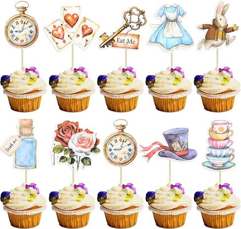 ephlyn 36pcs Wonderland Cupcake Topcake Topers Tea Party Cake Decorations Butterfly Flower Bowl Clock Clock Eat Me Cupcake اختيارات لدش الطفل عيد ميلاد ديكورات حفلة عيد ميلاد in Kuwait
