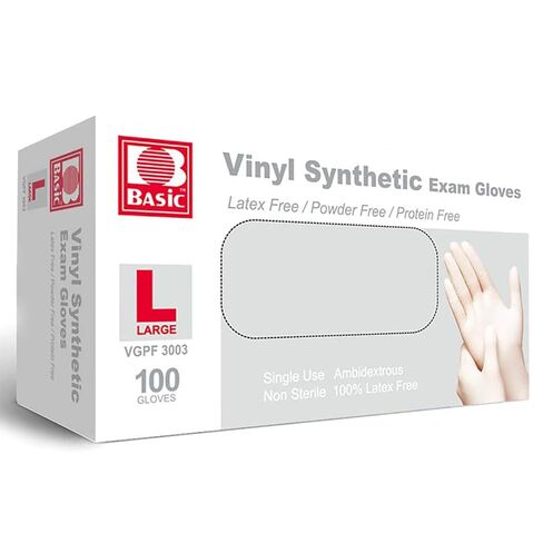 Basic Medical Synmax Vinyl Exam Gloves - Disposable Clear Surgical Gloves, Latex-Free & Powder-Free -Large, Box of 100 in Kuwait