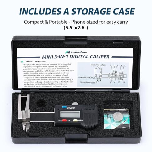 Mini Digital Caliper 3-in-1 Digital Caliper 0-25mm, Stainless Steel Precision Measurement Tool with LCD Display, Unit Conversion, Storage Case, Extra Battery in Kuwait
