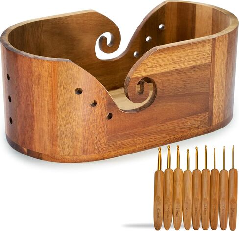Miglaja Yarn Bowl - Large Size Wooden Yarn Holder, Smooth Crochet Bowl with 9pcs Knitting Hooks Yarn Bowls for Crocheting Yarn Storage in Saudi Arabia