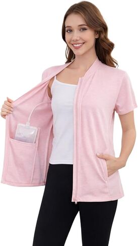 Women's Mastectomy Shirts Post Shoulder Surgery Tops with Drain Pockets Chemo Port Short Sleeve with Zippers in Saudi Arabia