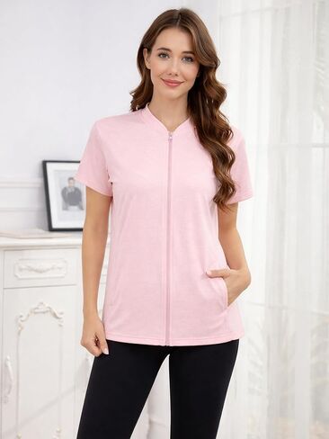 Women's Mastectomy Shirts Post Shoulder Surgery Tops with Drain Pockets Chemo Port Short Sleeve with Zippers in Saudi Arabia