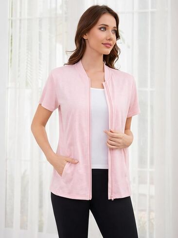 Women's Mastectomy Shirts Post Shoulder Surgery Tops with Drain Pockets Chemo Port Short Sleeve with Zippers in Saudi Arabia