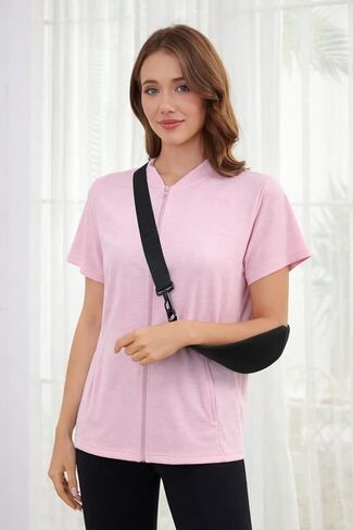 Women's Mastectomy Shirts Post Shoulder Surgery Tops with Drain Pockets Chemo Port Short Sleeve with Zippers in Saudi Arabia