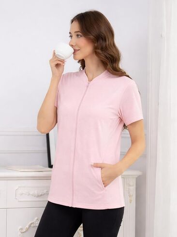 Women's Mastectomy Shirts Post Shoulder Surgery Tops with Drain Pockets Chemo Port Short Sleeve with Zippers in Saudi Arabia