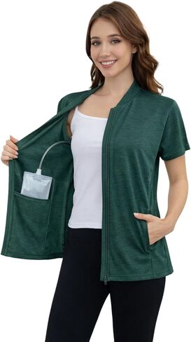 Women's Mastectomy Shirts Post Shoulder Surgery Tops with Drain Pockets Chemo Port Short Sleeve with Zippers in Saudi Arabia