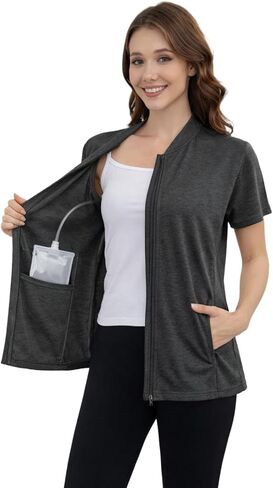 Women's Mastectomy Shirts Post Shoulder Surgery Tops with Drain Pockets Chemo Port Short Sleeve with Zippers in Saudi Arabia