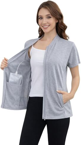 Women's Mastectomy Shirts Post Shoulder Surgery Tops with Drain Pockets Chemo Port Short Sleeve with Zippers in Saudi Arabia