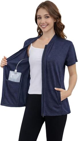Women's Mastectomy Shirts Post Shoulder Surgery Tops with Drain Pockets Chemo Port Short Sleeve with Zippers in Saudi Arabia