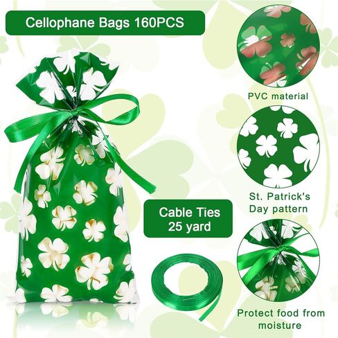 Whaline 160Pcs St. Patrick's Day Cellophane Treat Bags Shamrock Candy Cellophane Bag Plastic Goody Bags with Green Ribbon for Irish Holiday Party Favor Supplies Gift Packing Decoration, 5.1x10.6inch in Saudi Arabia