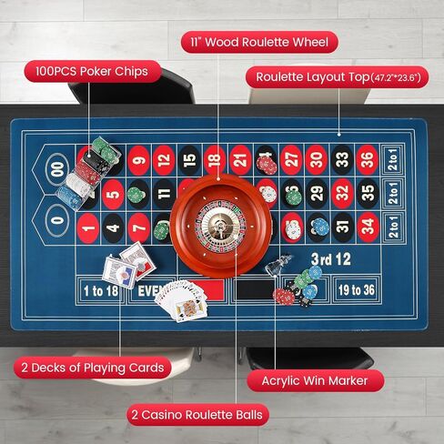 مجموعة عجلات الروليت مقاس 11 بوصة + رأس روليت بديل مع بساط لباد بتصميم طاولة مقاس 47.2 * 23.6 بوصة، 100 قطعة من رقائق البوكر ABS وعلامة الفوز ومجموعتين من أوراق اللعب مجموعات ألعاب الكازينو in Kuwait
