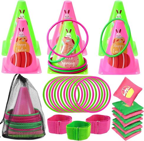 33pcs 4 in 1 valentines day Games for Kids with Ring Troam ، مخروطات بلاستيكية ناعمة ، أكياس فول ، فرق سباق ذات 3 أرجل ، مجموعة من ألعاب Valentines مجموعة للأطفال. in Kuwait
