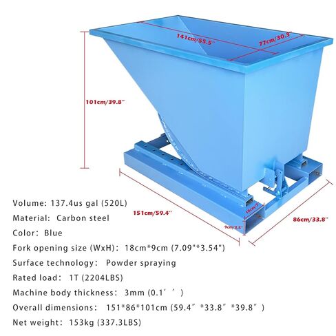 Self-Dumping Trash Hopper for Forklifts Heavy-Duty Carbon Steel Waste Container, 137.4 Gal (520L) Capacity, Blue, Ideal for Factories/Warehouses in Kuwait