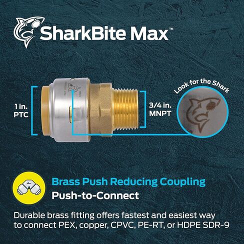 محول SharkBite Max 1 بوصة × 3/4 بوصة MNPT، تركيبات سباكة نحاسية يمكن الضغط عليها للتوصيل، UR142A in Kuwait