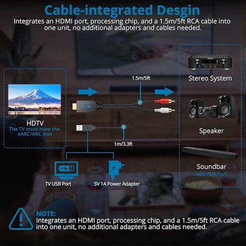 AUTOUTLET HDMI eARC/ARC to RCA Audio Adapter, 192kHz 1.5M/5FT ARC to RCA Cable, Supports CEC, Integrated Desgin, Plug and Play, eARC Audio Extractor for Speakers, Soundbars, Stereo System(PCM Only) in Kuwait