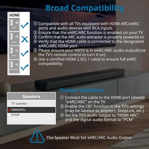AUTOUTLET HDMI eARC/ARC to RCA Audio Adapter, 192kHz 1.5M/5FT ARC to RCA Cable, Supports CEC, Integrated Desgin, Plug and Play, eARC Audio Extractor for Speakers, Soundbars, Stereo System(PCM Only) in Kuwait