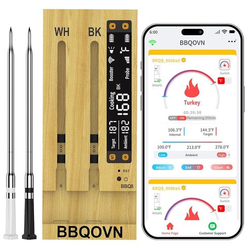 WiFi Sub-1G Wireless Meat Thermometer Unlimited Range 7 NIST Certified Sensors with Ambient Temp 2 Temp Monitoring Ways Digital Smart Base and App for BBQ, Smoker, Grill, Oven (Dual Probes) in Saudi Arabia