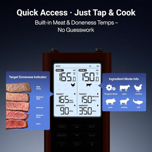 ميزان حرارة اللحوم اللاسلكي الذكي ThermoMaven 3000FT، نطاق طويل Sub-1G، 6 أجهزة استشعار دقة معتمدة من NIST، مسباران رفيعان، قاعدة مستقلة مع شاشة LCD كبيرة للشواية والمدخن والفرن والشواء in Kuwait