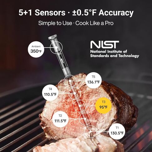 ميزان حرارة اللحوم اللاسلكي الذكي ThermoMaven 3000FT، نطاق طويل Sub-1G، 6 أجهزة استشعار دقة معتمدة من NIST، مسباران رفيعان، قاعدة مستقلة مع شاشة LCD كبيرة للشواية والمدخن والفرن والشواء in Kuwait