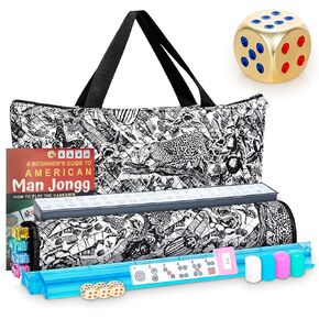 New American Mahjong Game Set, 166 Premium White Tiles with Portable Metal Dices, 4 All-in-One Racks with Pushers, Mah-Jong Games Sets, Ma Jong Tile Game (Blue) in Kuwait