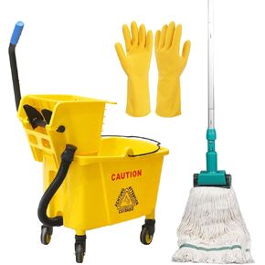 دلو ممسحة تجارية على عجلات من مجموعة الضغط الجانبي، 35 لتر، أصفر، بما في ذلك الممسحة التجارية والقفازات المطاطية in Kuwait