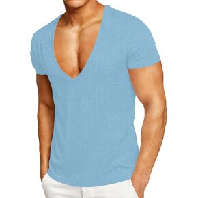Mens Casual Deep V-Neck T-Shirts Waffle Knit Short Sleeve Tops Spring Summer Casual Waffle Pullover Tees in Saudi Arabia