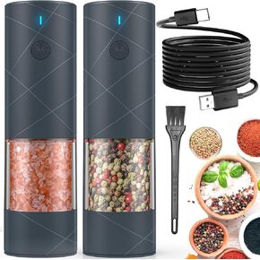 2Pack Electric Salt and Pepper Grinder Set USB Rechargeable with Warm LED Light, Adjustable Coarseness Lidaop Large Capacity Automatic Salt Pepper Mill Shakers for Kitchen, Restaurant, Outdoor, Black in Kuwait