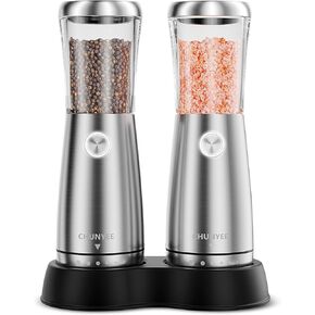 مجموعة مطحنة الملح والفلفل الكهربائية - مجموعة مطحنة الملح والفلفل الأوتوماتيكية القابلة لإعادة الشحن من الفولاذ المقاوم للصدأ مع قاعدة تخزين، سعة كبيرة، ضوء LED وخشونة قابلة للتعديل، أداة مطبخ مثالية in Kuwait