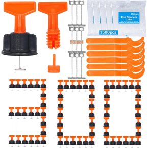 Tile Leveling System Kit,300pcs Reusable 1/16" Tile Leveler Spacers+1500pcs Cross-shaped Tile Spacers+6pcs Wrench+1pack 1/16" Replaceable Spare Steel T-Pin,Tools for Wall Floor Tile Adjustment in Kuwait