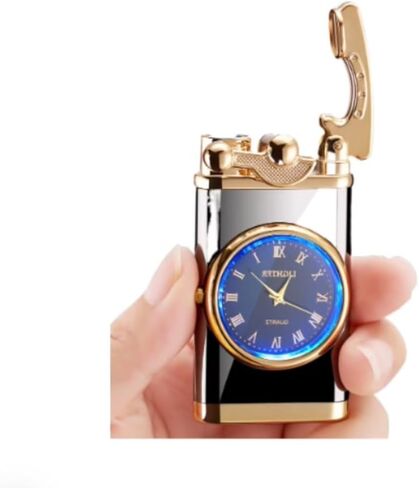 Multi-Function Electronic Watch Lighter Combo, Windproof Butane Lighter with Clock, Black, Modern Style, Vintage Metal Design, Unique Men in Saudi Arabia