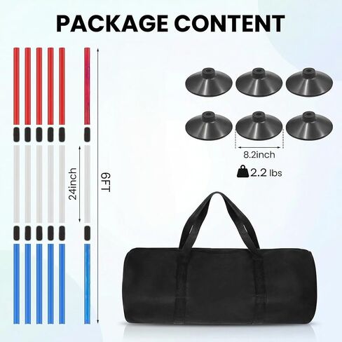 طقم ثني القطب 6FT 6 عبوات | قواعد مرجحة وحقيبة حمل | 3 أقسام قابلة للتعديل لتدريبات الحصان والكلب وكرة القدم | أحمر/أبيض/أزرق لرؤية الحصان in Kuwait