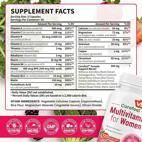 VEV Multivitamin for Women, Womens Vitamins with Vitamin A, C, D, E & B-Complex, Calcium, Magnesium, Zinc, 120 Capsules, 60-Day Supply – 12 Essential Vitamins & 6 Key Minerals for Daily Nutrition in Saudi Arabia