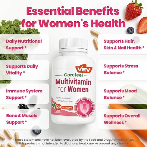 VEV Multivitamin for Women, Womens Vitamins with Vitamin A, C, D, E & B-Complex, Calcium, Magnesium, Zinc, 120 Capsules, 60-Day Supply – 12 Essential Vitamins & 6 Key Minerals for Daily Nutrition in Saudi Arabia