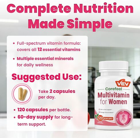 VEV Multivitamin for Women, Womens Vitamins with Vitamin A, C, D, E & B-Complex, Calcium, Magnesium, Zinc, 120 Capsules, 60-Day Supply – 12 Essential Vitamins & 6 Key Minerals for Daily Nutrition in Saudi Arabia