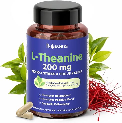إل ثيانين 200 ملغ مع الزعفران، غابا، جليسينات المغنيسيوم وفيتامين ب6، مكمل إل-ثيانين، تركيبة معقدة متقدمة للاسترخاء المزاج وتخفيف التوتر ودعم النوم، 60 كبسولة نباتية in Kuwait