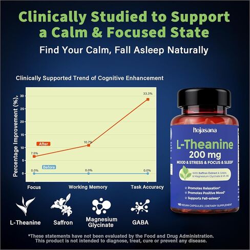 إل ثيانين 200 ملغ مع الزعفران، غابا، جليسينات المغنيسيوم وفيتامين ب6، مكمل إل-ثيانين، تركيبة معقدة متقدمة للاسترخاء المزاج وتخفيف التوتر ودعم النوم، 60 كبسولة نباتية in Kuwait