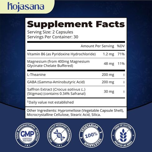 إل ثيانين 200 ملغ مع الزعفران، غابا، جليسينات المغنيسيوم وفيتامين ب6، مكمل إل-ثيانين، تركيبة معقدة متقدمة للاسترخاء المزاج وتخفيف التوتر ودعم النوم، 60 كبسولة نباتية in Kuwait