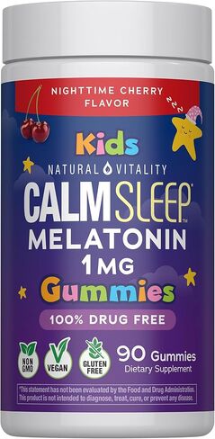 Natural Vitality Kids Calm Sleep Melatonin 1mg Gummies | Nighttime Cherry Flavor | 100% Drug Free | Non-GMO, Vegan & Gluten Free Supplement | 90 Count in Kuwait