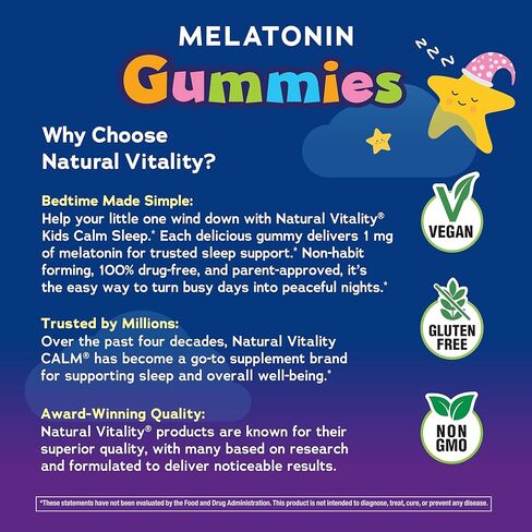 Natural Vitality Kids Calm Sleep Melatonin 1mg Gummies | Nighttime Cherry Flavor | 100% Drug Free | Non-GMO, Vegan & Gluten Free Supplement | 90 Count in Kuwait