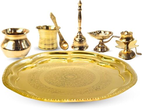Vedic Charya Brass Puja Thali Set 11 Inch Flower Shape – Golden Traditional Plate Worship, Decorative Indian Religious Festivals Thali in Kuwait