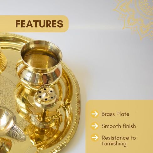 Vedic Charya Brass Puja Thali Set 11 Inch Flower Shape – Golden Traditional Plate Worship, Decorative Indian Religious Festivals Thali in Kuwait